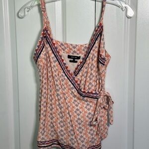 Miss Me blue and coral patterned wrap sleeveless top, size small